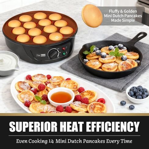 FineMade Non Stick Mini Pancakes Maker Machine, Electric Poffertjes Pan with Browning Control, Small Ebelskiver Aebleskiver Pan, Dutch Mini Pancake Maker, with Brush & Forks, 14 Slots, Black in Saudi Arabia