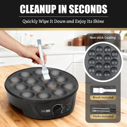 FineMade Non Stick Mini Pancakes Maker Machine, Electric Poffertjes Pan with Browning Control, Small Ebelskiver Aebleskiver Pan, Dutch Mini Pancake Maker, with Brush & Forks, 14 Slots, Black in Saudi Arabia