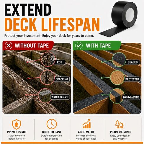GEYYANG Butyl Deck Joist Tape 2in x 50ft, 10 Pack for Deck & Roof Sealing | Self-adhesive Deck Joist tape With Waterproof Sealing. Protects Wood Decks, Beams And Roof Against Moisture Damage in Kuwait