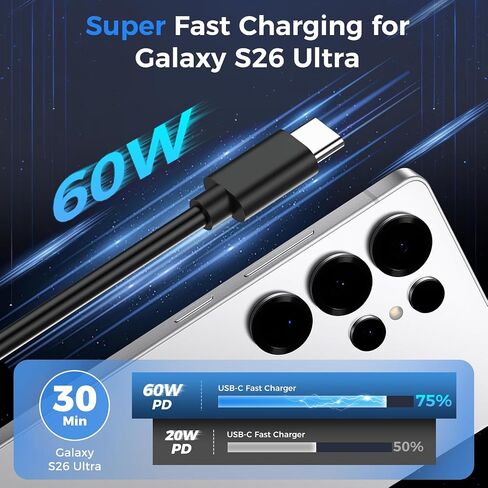 10FT Fast Charging Cord TypeC with 60W USBC Charger Block for Samsung Phone | 10Feet USB Cable Type C Charger Fast Charging for Samsung Galaxy S26/S25/S24/S23/S22/S21/S20/S26 Ultra/Z Fold7/8/iPhone 17/16 in Saudi Arabia