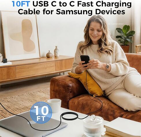 10FT Fast Charging Cord TypeC with 60W USBC Charger Block for Samsung Phone | 10Feet USB Cable Type C Charger Fast Charging for Samsung Galaxy S26/S25/S24/S23/S22/S21/S20/S26 Ultra/Z Fold7/8/iPhone 17/16 in Saudi Arabia