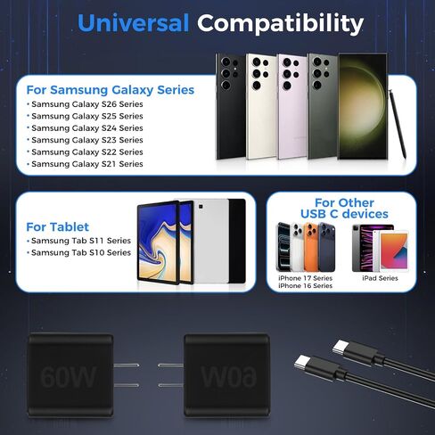 10FT Fast Charging Cord TypeC with 60W USBC Charger Block for Samsung Phone | 10Feet USB Cable Type C Charger Fast Charging for Samsung Galaxy S26/S25/S24/S23/S22/S21/S20/S26 Ultra/Z Fold7/8/iPhone 17/16 in Saudi Arabia