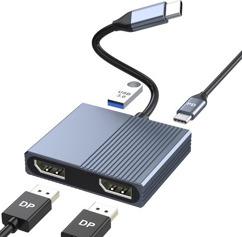 USB C to Dual DisplayPort Adapter with USB3.0/PD, 4K@60Hz Supports SST/MST | DisplayPort Splitter for Dual Monitors Extended Display, USB C to Display Port Adapter, Displayport MST Hub for Dell/HP/Mac in Saudi Arabia