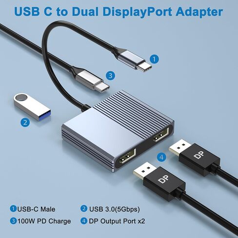 USB C to Dual DisplayPort Adapter with USB3.0/PD, 4K@60Hz Supports SST/MST | DisplayPort Splitter for Dual Monitors Extended Display, USB C to Display Port Adapter, Displayport MST Hub for Dell/HP/Mac in Saudi Arabia