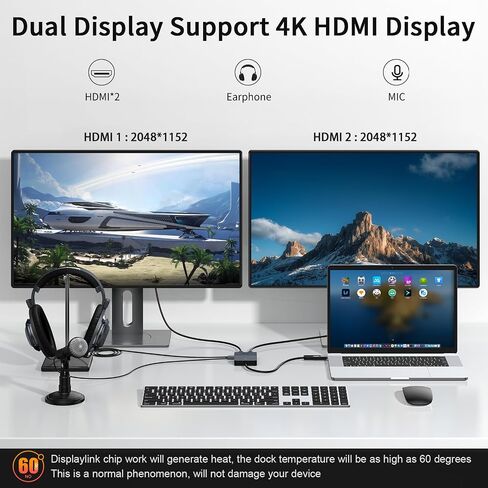 Giq HDMI Splitter Extended Display for Dual Monitor, Dual 2K@60Hz Universal Video Graphics USB to Dual HDMI Adapter for USB 3.0 /USB-C Adapter, Compatible with USB4,Windows and Mac in Saudi Arabia