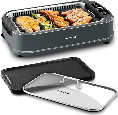 Indoor Smokeless Grill, Techwood 1500W Electric Indoor Grill with Tempered Glass Lid, Portable Non-stick BBQ Korean, Turbo Smoke Extractor Technology, Drip Tray& Double Removable Plate, Black in Kuwait