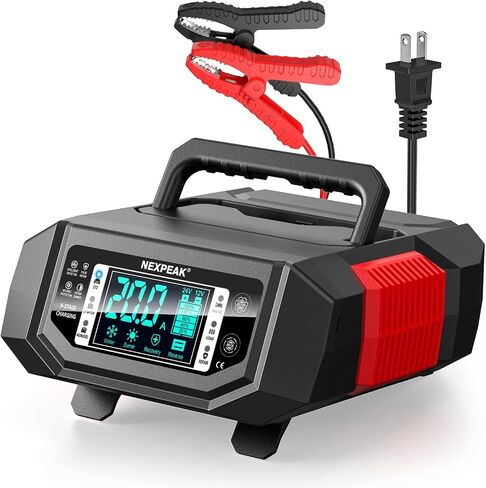 NEXPEAK 1-20A 12V/24V Car Battery Charger Trickle for LiFePO4 Lead-Acid | 1-20A Adjustable Current 9-Stage Charger, Pulse Repair & Load Mode, Sunlight-Readable LCD, Temp Compensated, Safe Protections in Saudi Arabia
