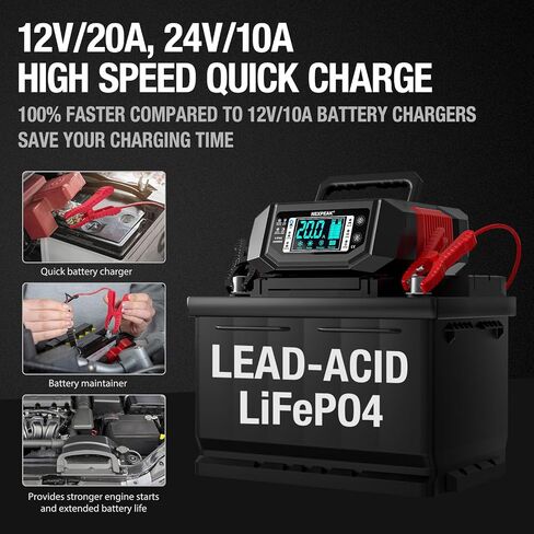 NEXPEAK 1-20A 12V/24V Car Battery Charger Trickle for LiFePO4 Lead-Acid | 1-20A Adjustable Current 9-Stage Charger, Pulse Repair & Load Mode, Sunlight-Readable LCD, Temp Compensated, Safe Protections in Saudi Arabia