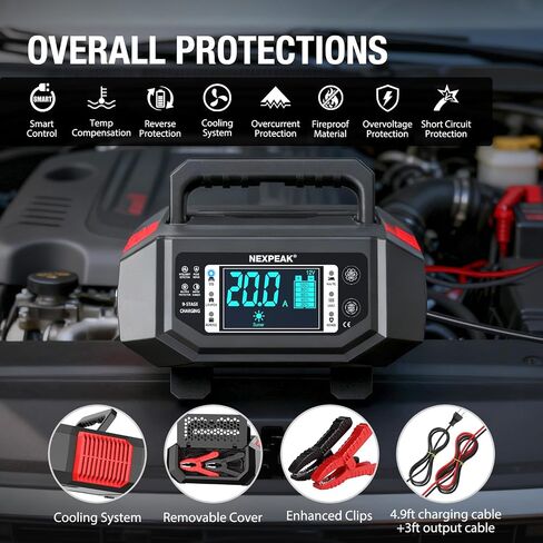 NEXPEAK 1-20A 12V/24V Car Battery Charger Trickle for LiFePO4 Lead-Acid | 1-20A Adjustable Current 9-Stage Charger, Pulse Repair & Load Mode, Sunlight-Readable LCD, Temp Compensated, Safe Protections in Saudi Arabia