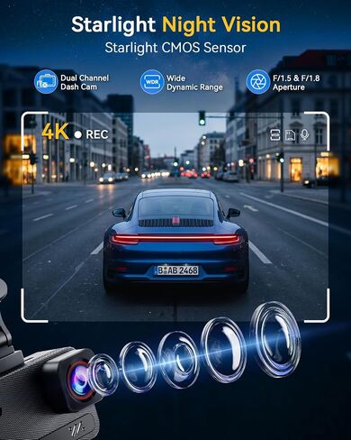 4K+4K Dash Cam, Free 128GB Card, 5.8GHz WiFi6 - up to 20MB/s | AProX HD Night Vision Dash Cam Front and Rear, App, GPS, G-Sensor, 24H Parking Mode, Support 512GB Max, Premium Dark Gray in Saudi Arabia