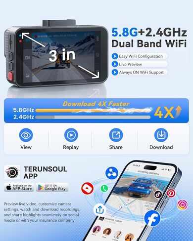 4K+4K Dash Cam, Free 128GB Card, 5.8GHz WiFi6 - up to 20MB/s | AProX HD Night Vision Dash Cam Front and Rear, App, GPS, G-Sensor, 24H Parking Mode, Support 512GB Max, Premium Dark Gray in Saudi Arabia
