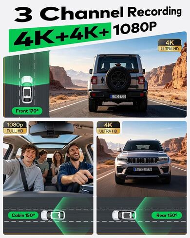 4K+4K+1080P 3 Channel Dash Cam, Free 128GB Card, AProX HD Night Vision | Dash Cam Front and Rear with Cabin, 5.8GHz WiFi6 - up to 20MB/s, App, GPS, G-Sensor, 24H Parking Mode, Support 512GB Max in Saudi Arabia