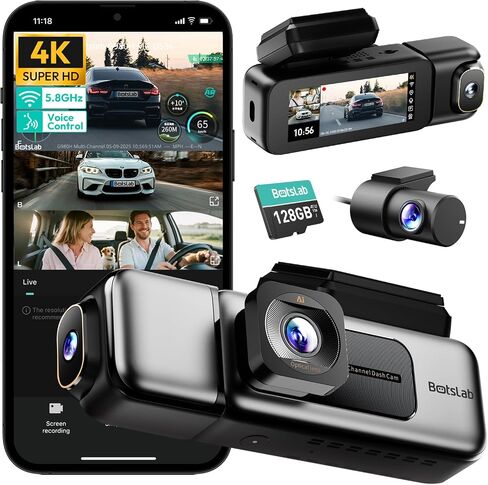 BOTSLAB 4 Channel 360° Dash Cam, 128GB Card, Voice Control, App Control | 24/7 Parking Mode, 3.18" Touch Screen Dash Camera, Built-in GPS, 5.8GHz WiFi, Supercapacitor, Front/Rear/2*Inside Car Cameras in Saudi Arabia