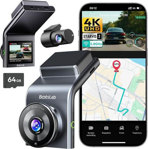 BOTSLAB G300H Plus 4K STARVIS 2 Dual Dash Cam Front and Rear[2026 Upgraded] | 64GB Card Included, WDR Night Vision, Voice Control, 5.8GHz WiFi, GPS, App, 24H Parking Mode, Supercapacitor, Loop Recording in Saudi Arabia