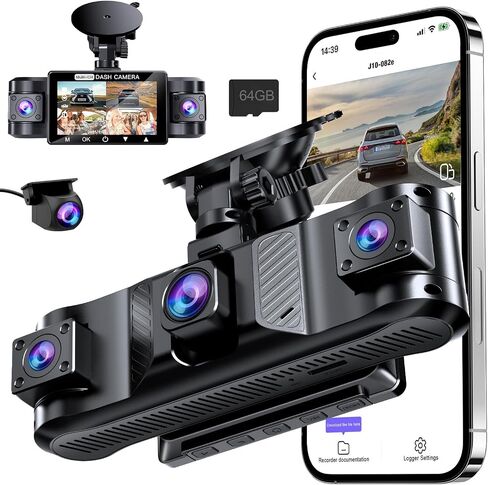 4 Channel 360° Dash Cam Front and Rear Inside with 5GHz WiFi 64GB Card | Front 2.5K Left Right Dash Camera for Cars, 24H Parking Mode, G-Sensor, Loop Recording, WDR Night Vision, APP Control in Kuwait