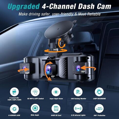 4 Channel 360° Dash Cam Front and Rear Inside with 5GHz WiFi 64GB Card | Front 2.5K Left Right Dash Camera for Cars, 24H Parking Mode, G-Sensor, Loop Recording, WDR Night Vision, APP Control in Kuwait