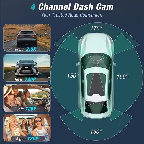 4 Channel 360° Dash Cam Front and Rear Inside with 5GHz WiFi 64GB Card | Front 2.5K Left Right Dash Camera for Cars, 24H Parking Mode, G-Sensor, Loop Recording, WDR Night Vision, APP Control in Kuwait