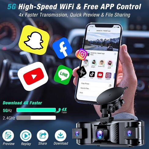 4 Channel 360° Dash Cam Front and Rear Inside with 5GHz WiFi 64GB Card | Front 2.5K Left Right Dash Camera for Cars, 24H Parking Mode, G-Sensor, Loop Recording, WDR Night Vision, APP Control in Kuwait