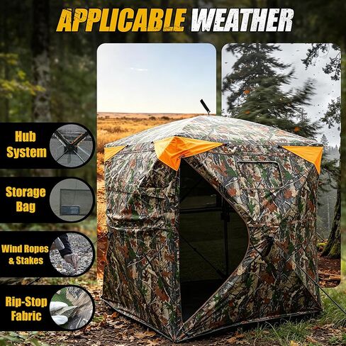 360 Degree Hunting Blind, 2-3 Person Pop Up Ground Blind | with Silent Slide Windows & Carrying Bag, Portable Camouflage Tent for Deer & Turkey Hunting in Saudi Arabia