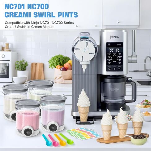 4 Pack Cream Swirl Pints & Lids for Ninja, Compatible with Ninja NC700 Series Swirl Ice Cream & Soft Serve Makers, with 4 Spoons & 64 Writable Labels, BPA-Free & Dishwasher Safe, Gray in Kuwait