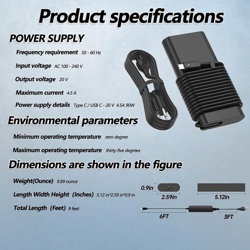 90W USB C Type C Laptop Charger fit for Dell XPS 13 Precision 3540 Latitude 5520 5400 3400 3500 5410 5430 7300 5550 5300 2in1,7400 2in1,7390 2in1,7200 2in1,0TDK33 AC Adapter Power Cord in Saudi Arabia
