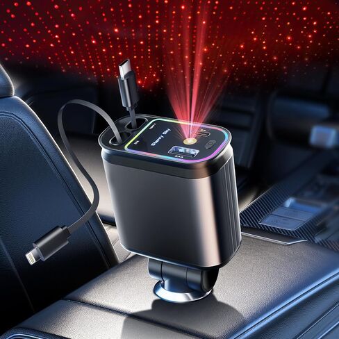 Retractable Car Charger with Starlight, 66W Starlight in Car roof 4 in 1 Retractable Car Phone Charger Adapter, Fast Charging USB C Cable, Compatible with iPhone 17/16/15/14/13/12 in Kuwait