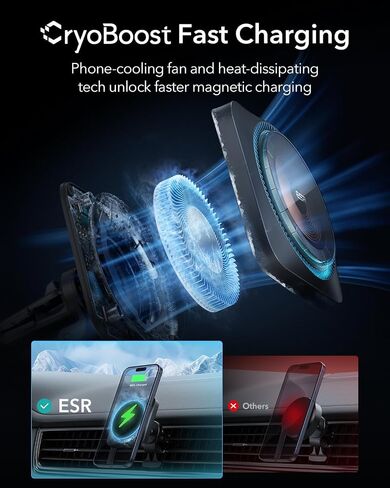 ESR for MagSafe Car Mount Charger with CryoBoost Cooling for iPhone 17-12 | Phone Cooling Magnetic Wireless Car Charger, Air Vent & Dashboard Fast Charging Car Phone Holder, Compatible with S26/S25 in Saudi Arabia