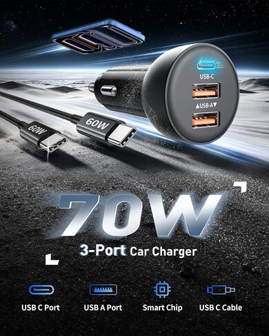 iPhone 17 16 15 Pro Car Charger, 70W 3-Port Car Charger USB C Fast Charge | Cigarette Lighter Adapter, with 3FT Type C Cable, for iPhone 17/17 Pro Max/Air/17e/16/15 Pro Max/iPad,Cars Travel Accessories in Kuwait