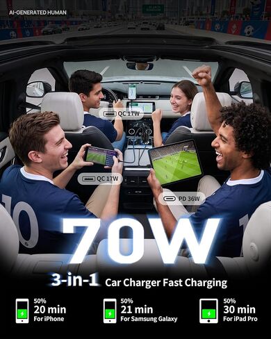 iPhone 17 16 15 Pro Car Charger, 70W 3-Port Car Charger USB C Fast Charge | Cigarette Lighter Adapter, with 3FT Type C Cable, for iPhone 17/17 Pro Max/Air/17e/16/15 Pro Max/iPad,Cars Travel Accessories in Kuwait
