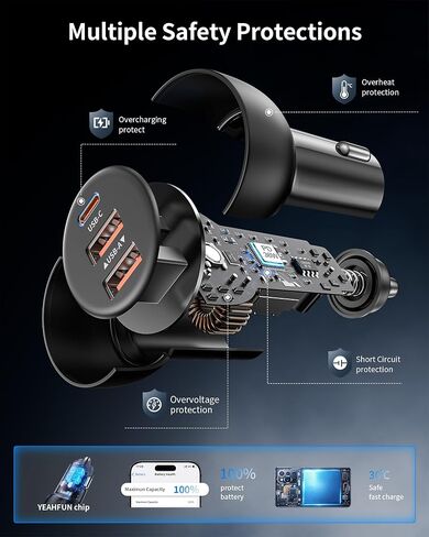 iPhone 17 16 15 Pro Car Charger, 70W 3-Port Car Charger USB C Fast Charge | Cigarette Lighter Adapter, with 3FT Type C Cable, for iPhone 17/17 Pro Max/Air/17e/16/15 Pro Max/iPad,Cars Travel Accessories in Kuwait