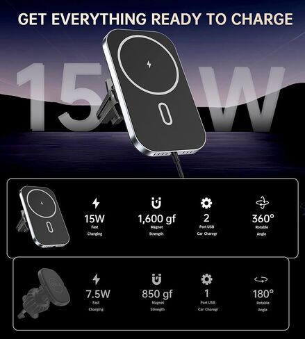 for MagSafe Car Mount Charger with Adapter, 360° Rotation Magnetic Wireless iPhone Car Charger for Air Vent, Compatible with iPhone 17/16/15/14/13/12 Series, Gifts for Husband/Men in Saudi Arabia
