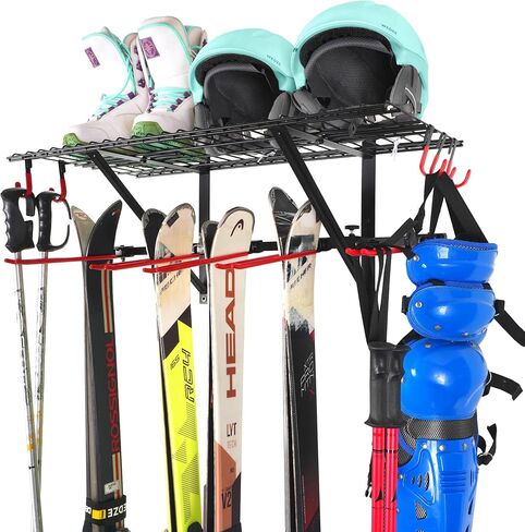 Mythinglogic Ski Equipment Storage Rack with Shelf for Garage and Shed | Wall rack stores skis, snowboards, boots, poles and helmets with a top shelf for organized garage or shed storage in Kuwait