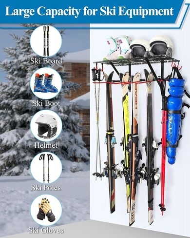 Mythinglogic Ski Equipment Storage Rack with Shelf for Garage and Shed | Wall rack stores skis, snowboards, boots, poles and helmets with a top shelf for organized garage or shed storage in Kuwait