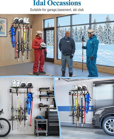 Mythinglogic Ski Equipment Storage Rack with Shelf for Garage and Shed | Wall rack stores skis, snowboards, boots, poles and helmets with a top shelf for organized garage or shed storage in Kuwait