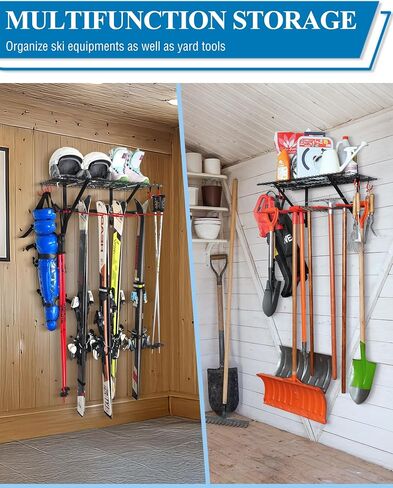 Mythinglogic Ski Equipment Storage Rack with Shelf for Garage and Shed | Wall rack stores skis, snowboards, boots, poles and helmets with a top shelf for organized garage or shed storage in Kuwait