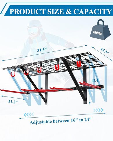 Mythinglogic Ski Equipment Storage Rack with Shelf for Garage and Shed | Wall rack stores skis, snowboards, boots, poles and helmets with a top shelf for organized garage or shed storage in Kuwait