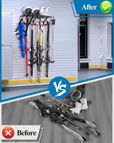 Mythinglogic Ski Equipment Storage Rack with Shelf for Garage and Shed | Wall rack stores skis, snowboards, boots, poles and helmets with a top shelf for organized garage or shed storage in Kuwait