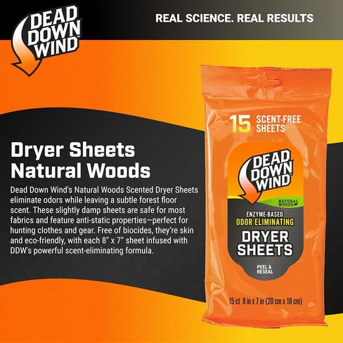DEAD DOWN WIND Natural Woods Scented Odor Eliminating Dryer Sheets (15Ct) - Hunting Scent Control - Durable Hunting Scent Eliminators - Advanced Hunting Laundry Gear in Saudi Arabia