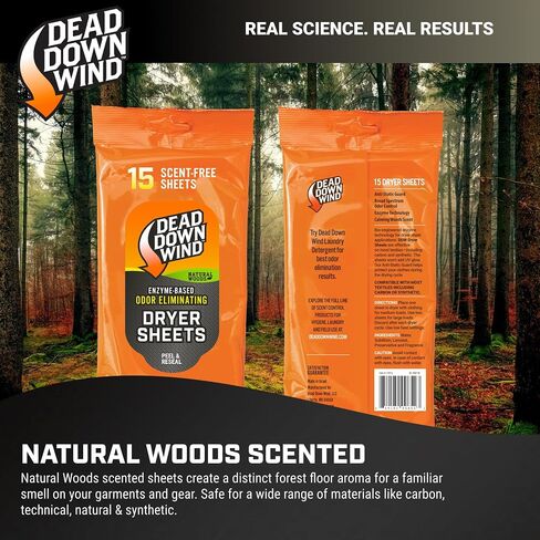 DEAD DOWN WIND Natural Woods Scented Odor Eliminating Dryer Sheets (15Ct) - Hunting Scent Control - Durable Hunting Scent Eliminators - Advanced Hunting Laundry Gear in Saudi Arabia