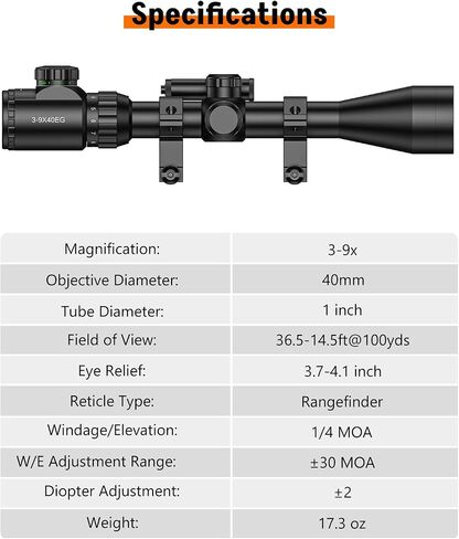 MidTen 3-9x40 Rifle Scope with 5 Levels Red and Green Illuminated Reticle - Riflescope and Red Laser Combo for Hunting - Optical Scope with Mount and Class IIIA, Less Than 5mW Laser Sight in Saudi Arabia