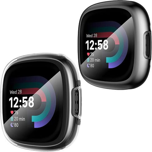2 Pack TPU Case for Fitbit Sense 2/Versa 4 Screen Protector (Black/Black) | Full Around Electroplate Protective Cover Compatible with Fitbit Sense 2/Versa 4 Smartwatch Case in Saudi Arabia