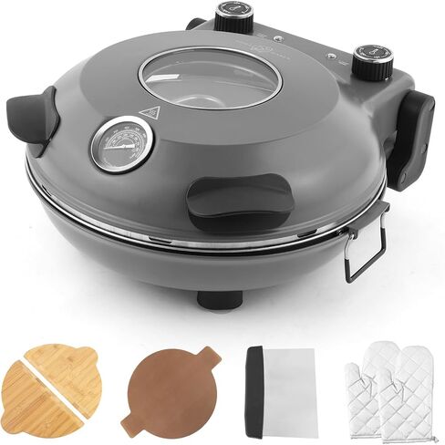 KLAIF 12" Electric Countertop Pizza Oven Indoor, LMR-Gray | With Ceramic Stone, Dual Adjustable Temperature Controls, Includes 4 Pizza Tools in Kuwait