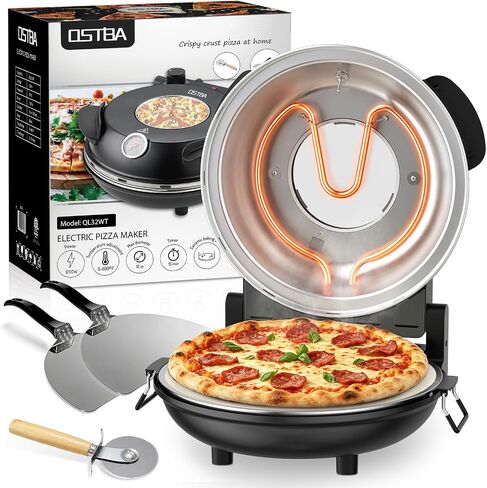 OSTBA Electric Pizza Oven Indoor, 12-Inch Countertop Pizza Maker, 800°F | Ceramic Pizza Stone, Dual Heat Controls, Built-in Thermometer, Timer and Viewing Window; Cooks Pizzas in 4–6 minutes in Saudi Arabia