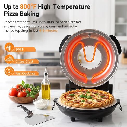 OSTBA Electric Pizza Oven Indoor, 12-Inch Countertop Pizza Maker, 800°F | Ceramic Pizza Stone, Dual Heat Controls, Built-in Thermometer, Timer and Viewing Window; Cooks Pizzas in 4–6 minutes in Saudi Arabia