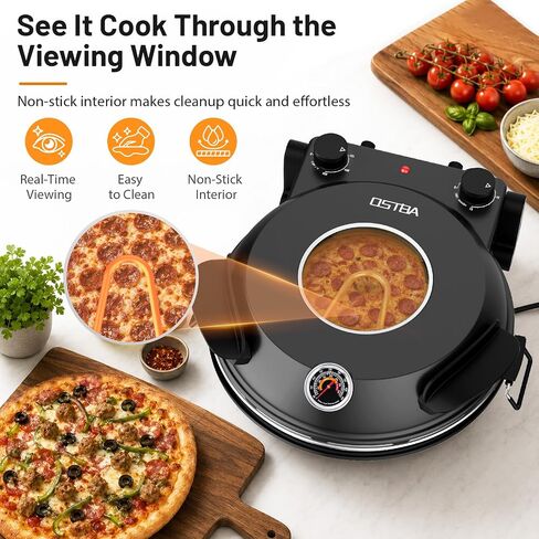 OSTBA Electric Pizza Oven Indoor, 12-Inch Countertop Pizza Maker, 800°F | Ceramic Pizza Stone, Dual Heat Controls, Built-in Thermometer, Timer and Viewing Window; Cooks Pizzas in 4–6 minutes in Saudi Arabia
