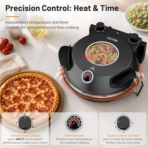 OSTBA Electric Pizza Oven Indoor, 12-Inch Countertop Pizza Maker, 800°F | Ceramic Pizza Stone, Dual Heat Controls, Built-in Thermometer, Timer and Viewing Window; Cooks Pizzas in 4–6 minutes in Saudi Arabia