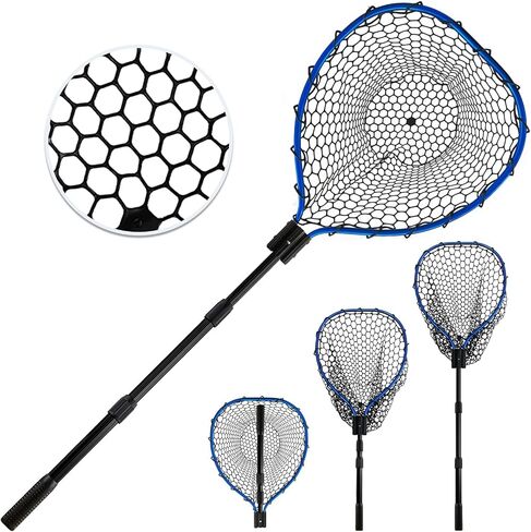 Telescoping Metal Lock Fishing Net Blue Aluminum Alloy Rubber Fish Net - Adjustable Length Lightweight Foldable Large Fishing Net with Handle Collapsible Extendable Fishing Accessories in Saudi Arabia
