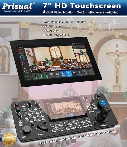 Prisual Pro Ai Joy Broadcast-Grade PTZ Camera Controller, 7" HD Color Touchscreen, 4-Channel Monitor, AI Visual Knob, Tally, PoE, HDMI, 254 Camera Control for Church, Live Streaming, Education, Studio in Saudi Arabia