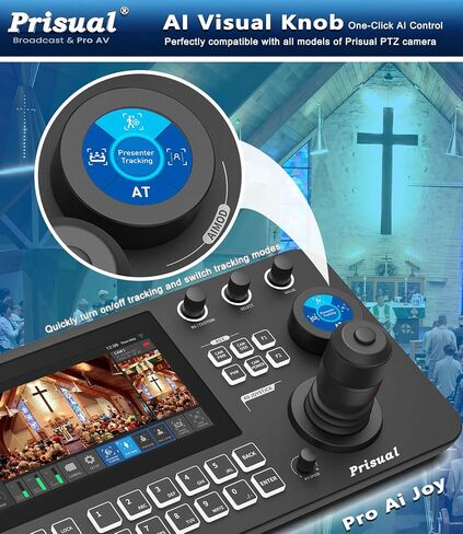 Prisual Pro Ai Joy Broadcast-Grade PTZ Camera Controller, 7" HD Color Touchscreen, 4-Channel Monitor, AI Visual Knob, Tally, PoE, HDMI, 254 Camera Control for Church, Live Streaming, Education, Studio in Saudi Arabia