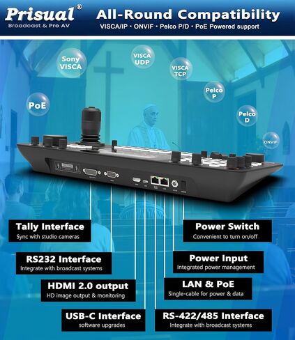 Prisual Pro Ai Joy Broadcast-Grade PTZ Camera Controller, 7" HD Color Touchscreen, 4-Channel Monitor, AI Visual Knob, Tally, PoE, HDMI, 254 Camera Control for Church, Live Streaming, Education, Studio in Saudi Arabia